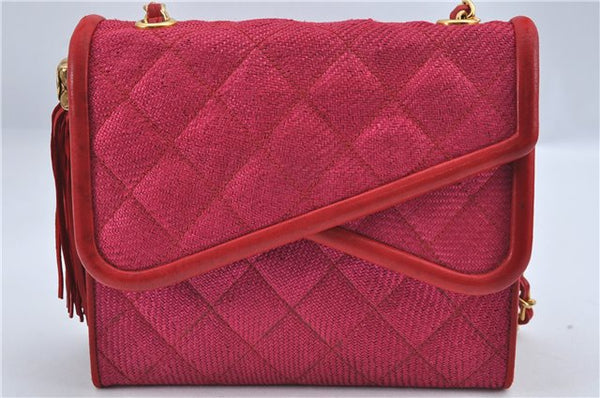 Authentic CHANEL Raffia Tassel Chain Shoulder Cross Body Bag Pink Box H4118