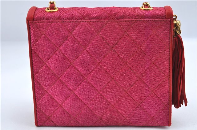 Authentic CHANEL Raffia Tassel Chain Shoulder Cross Body Bag Pink Box H4118