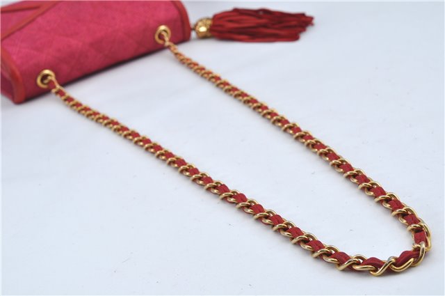 Authentic CHANEL Raffia Tassel Chain Shoulder Cross Body Bag Pink Box H4118