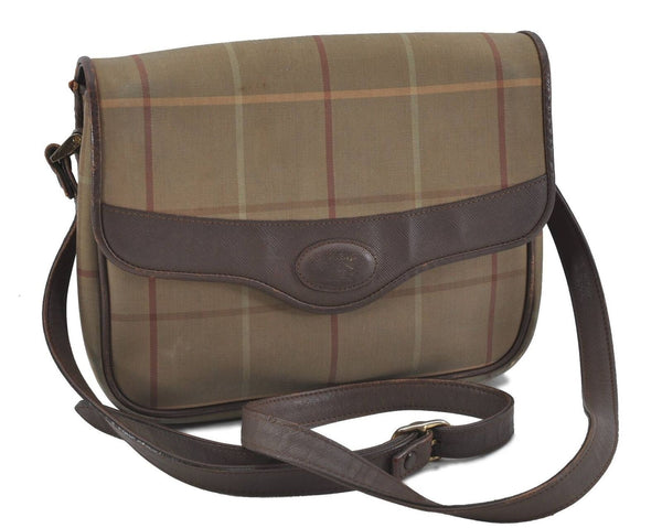 Authentic Burberrys Check Shoulder Cross Bag Canvas Leather Khaki Green H4121