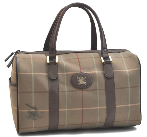 Auth Burberrys Vintage Check Boston Hand Bag Canvas Leather Khaki Brown H4171