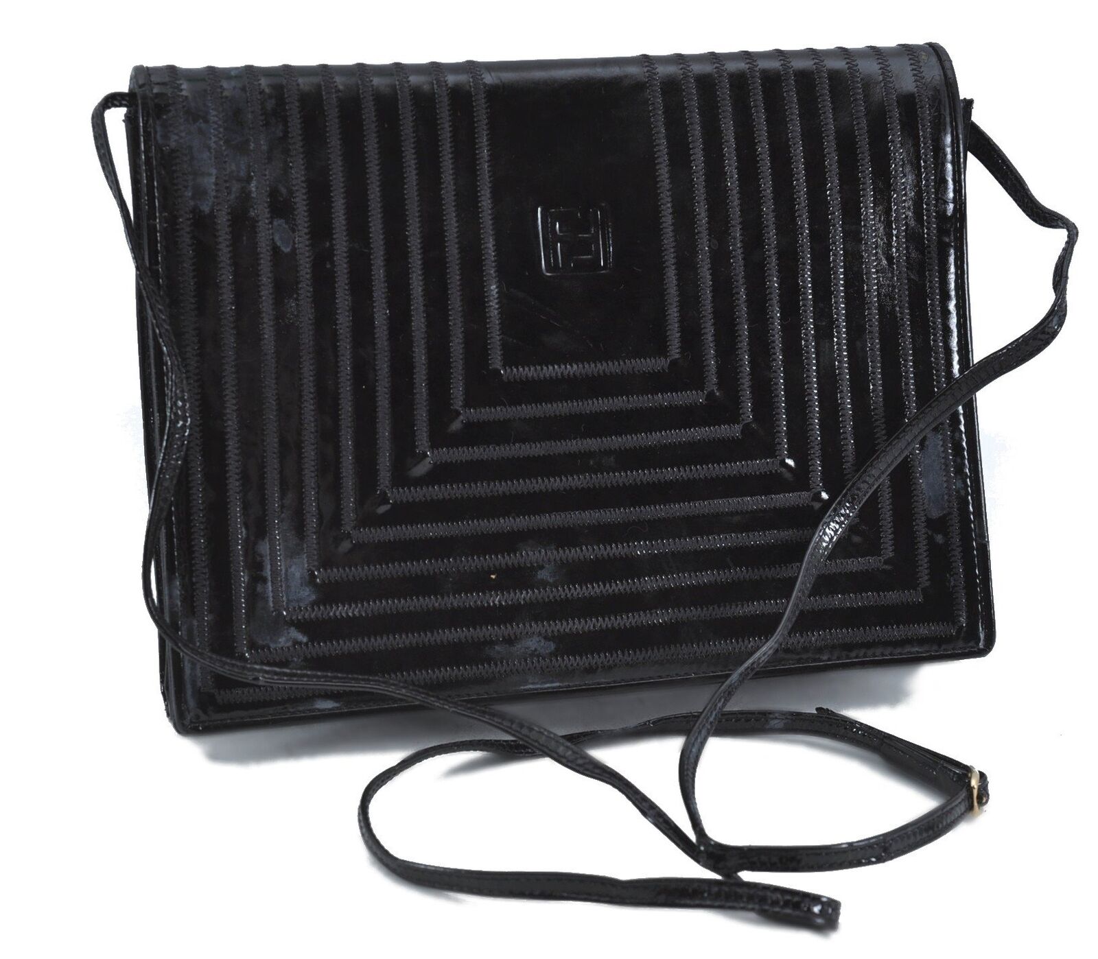 Authentic FENDI Shoulder Cross Body Bag Purse Enamel Black H4200
