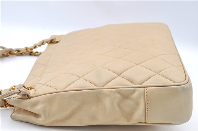 Authentic CHANEL Lamb Skin Matelasse Chain Shoulder Tote Bag Beige CC H4215