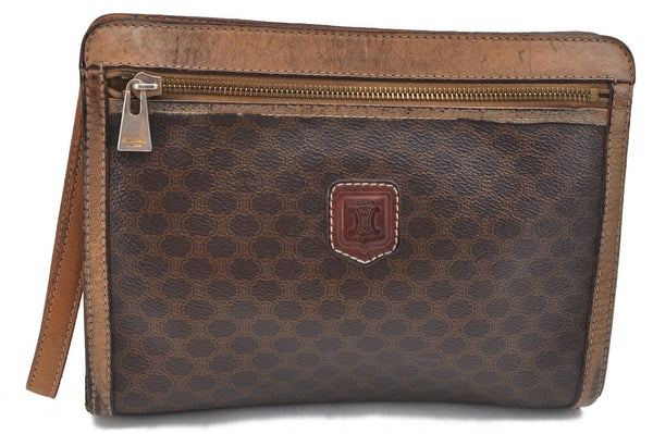 Authentic CELINE Macadam Pattern Clutch Bag PVC Leather Brown H4258