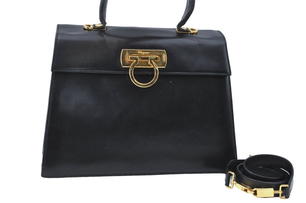 Authentic Ferragamo Gancini Leather 2 Way Shoulder Hand Bag Purse Black H4334