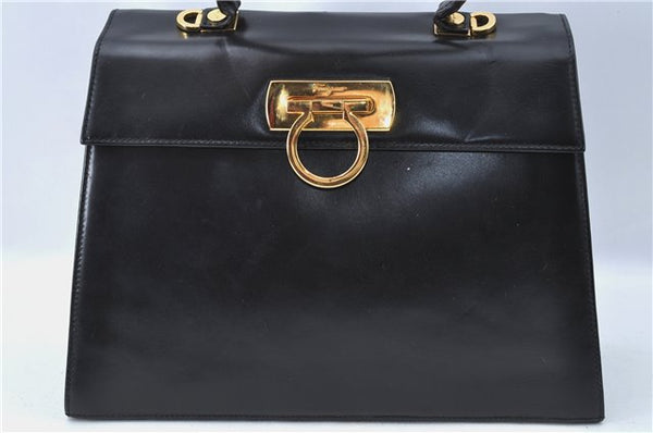 Authentic Ferragamo Gancini Leather 2 Way Shoulder Hand Bag Purse Black H4334