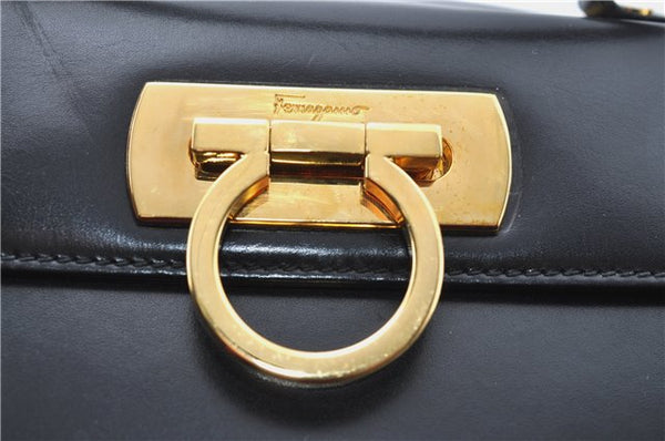 Authentic Ferragamo Gancini Leather 2 Way Shoulder Hand Bag Purse Black H4334