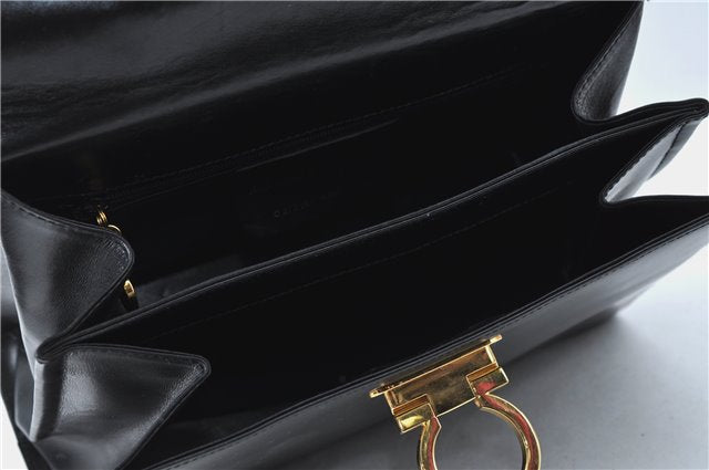 Authentic Ferragamo Gancini Leather 2 Way Shoulder Hand Bag Purse Black H4334