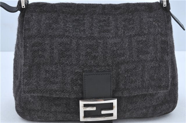 Authentic FENDI Zucca Mamma Baguette Shoulder Hand Bag Wool Leather Black H4390