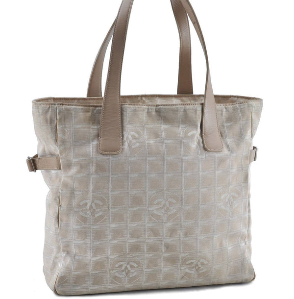 Authentic CHANEL New Travel Line Shoulder Tote Bag Nylon Leather Beige H4607