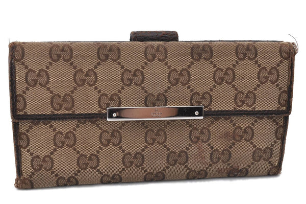 Authentic GUCCI Long Wallet Purse GG Canvas Leather 112715 Brown H4684