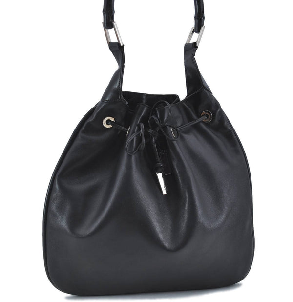Authentic GUCCI Bamboo Drawstring Shoulder Bag Leather 0014033 Black H4746