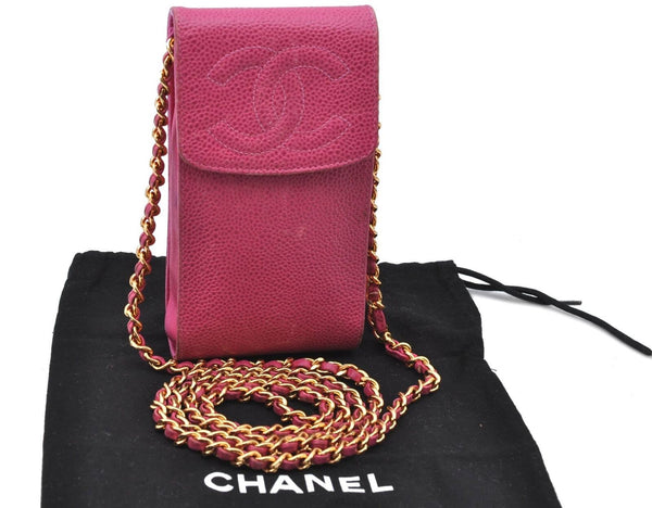 Authentic CHANEL Caviar Skin CC Logo Chain Shoulder Bag Pouch Pink H4793