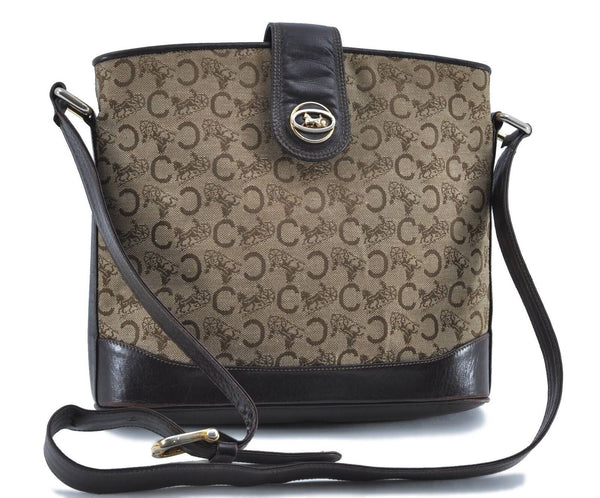 Authentic CELINE C Macadam Carriage Shoulder Cross Bag Canvas Beige Brown H4799