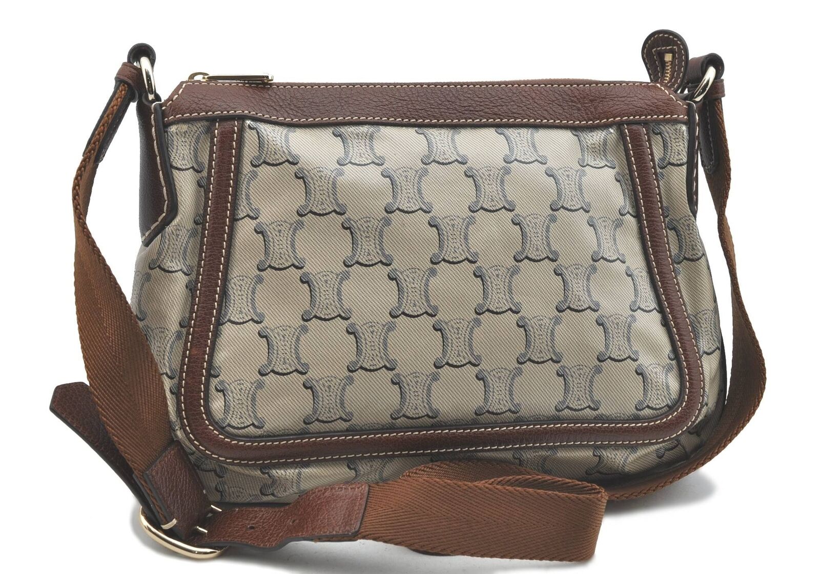Authentic CELINE Macadam Shoulder Cross Body Bag PVC Leather Beige Brown H4803