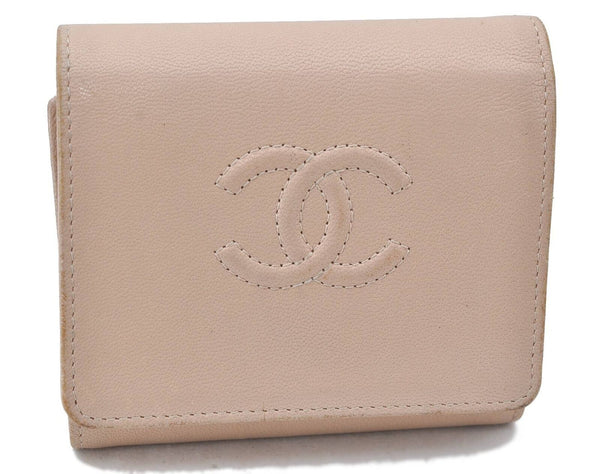 Authentic CHANEL Calf Skin Trifold Wallet Purse CC Logo Beige H4823