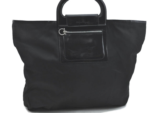 Authentic Ferragamo Gancini Nylon Leather Hand Tote Bag Black H4828