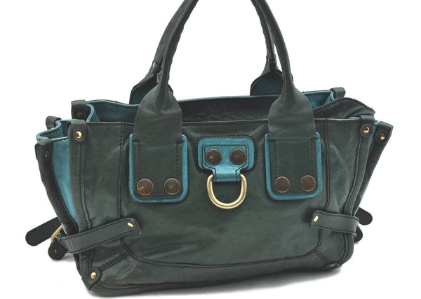 Authentic Chloe Leather Hand Bag Bicolor Green Light Blue H4849