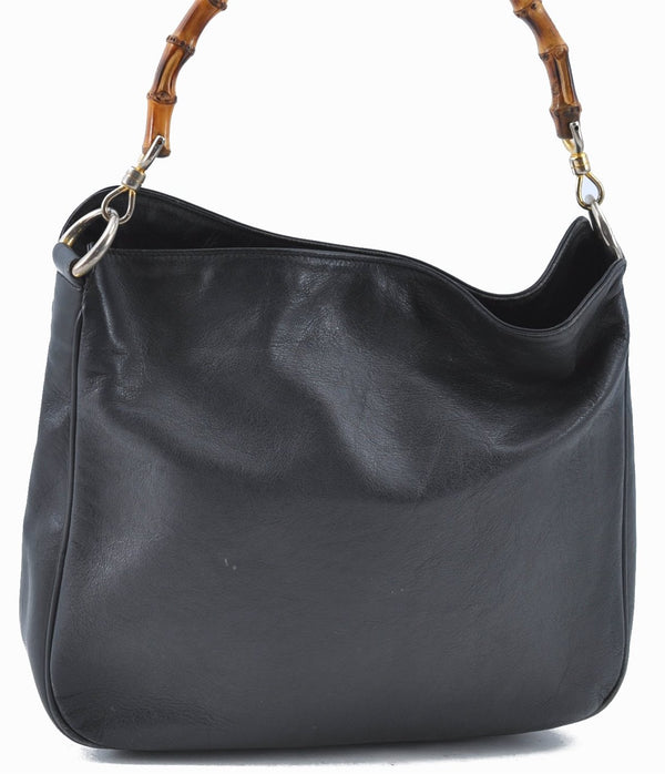 Authentic GUCCI Bamboo Hand Bag Purse Leather Black H4850