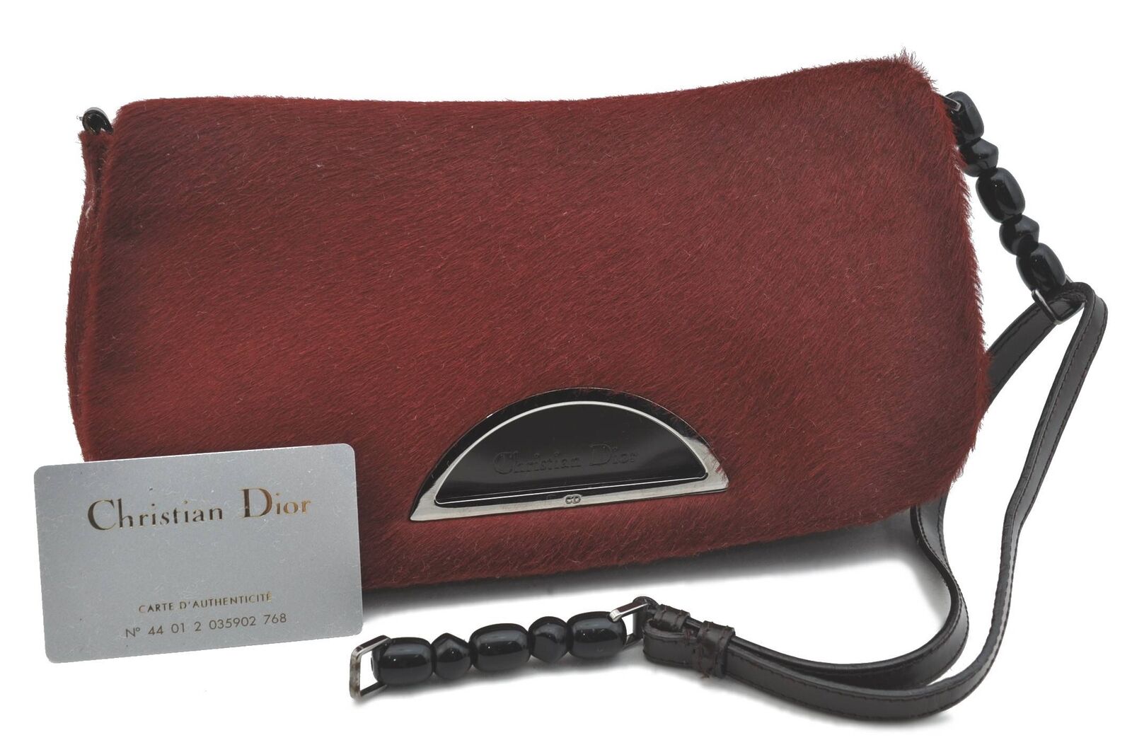 Auth Christian Dior Maris Pearl Shoulder Bag Unborn Calf Leather Red Junk H4925