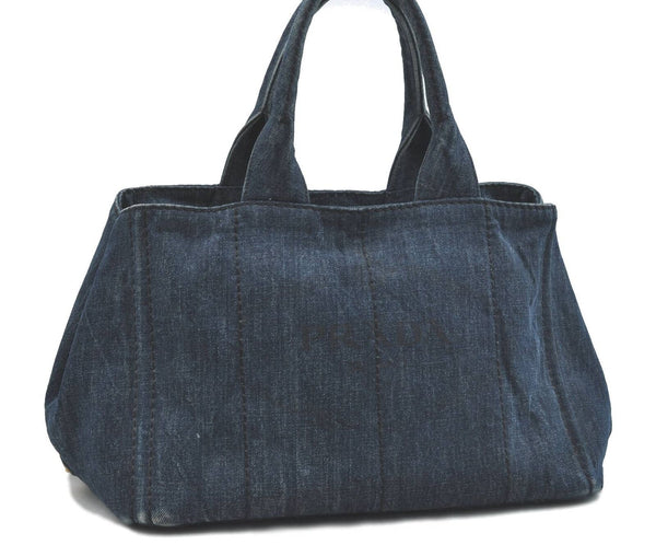 Authentic PRADA Canapa Canvas Tote Hand Bag Denim Blue H5043