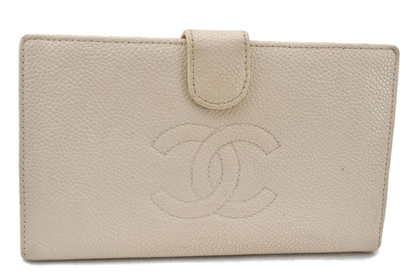 Authentic CHANEL Caviar Skin CC Logo Bifold Long Wallet White H5060