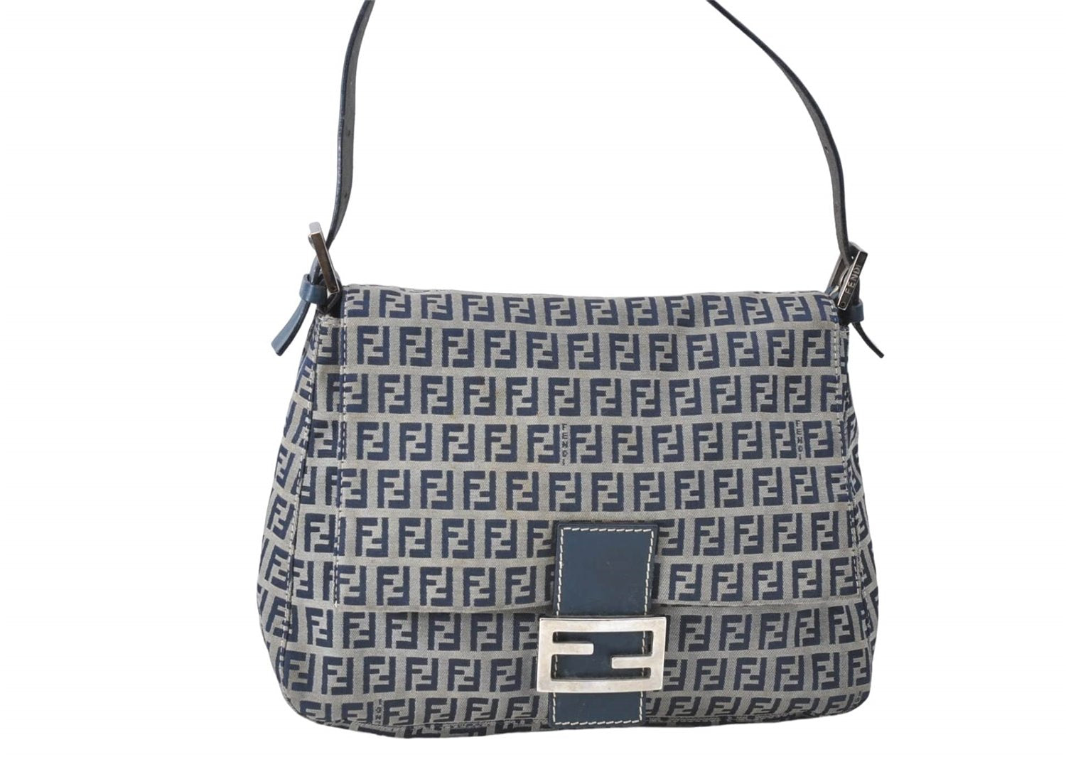 Auth FENDI Zucchino Mamma Baguette Shoulder Bag Canvas Leather Navy Blue H5163