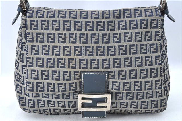 Auth FENDI Zucchino Mamma Baguette Shoulder Bag Canvas Leather Navy Blue H5163