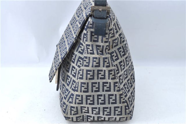 Auth FENDI Zucchino Mamma Baguette Shoulder Bag Canvas Leather Navy Blue H5163