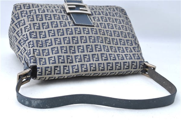 Auth FENDI Zucchino Mamma Baguette Shoulder Bag Canvas Leather Navy Blue H5163