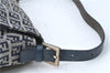 Auth FENDI Zucchino Mamma Baguette Shoulder Bag Canvas Leather Navy Blue H5163