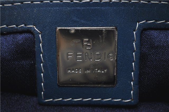 Auth FENDI Zucchino Mamma Baguette Shoulder Bag Canvas Leather Navy Blue H5163