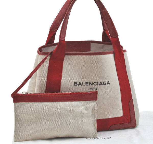 Authentic BALENCIAGA Navy Caba S Hand Bag Canvas Leather 339933 White Red H5269