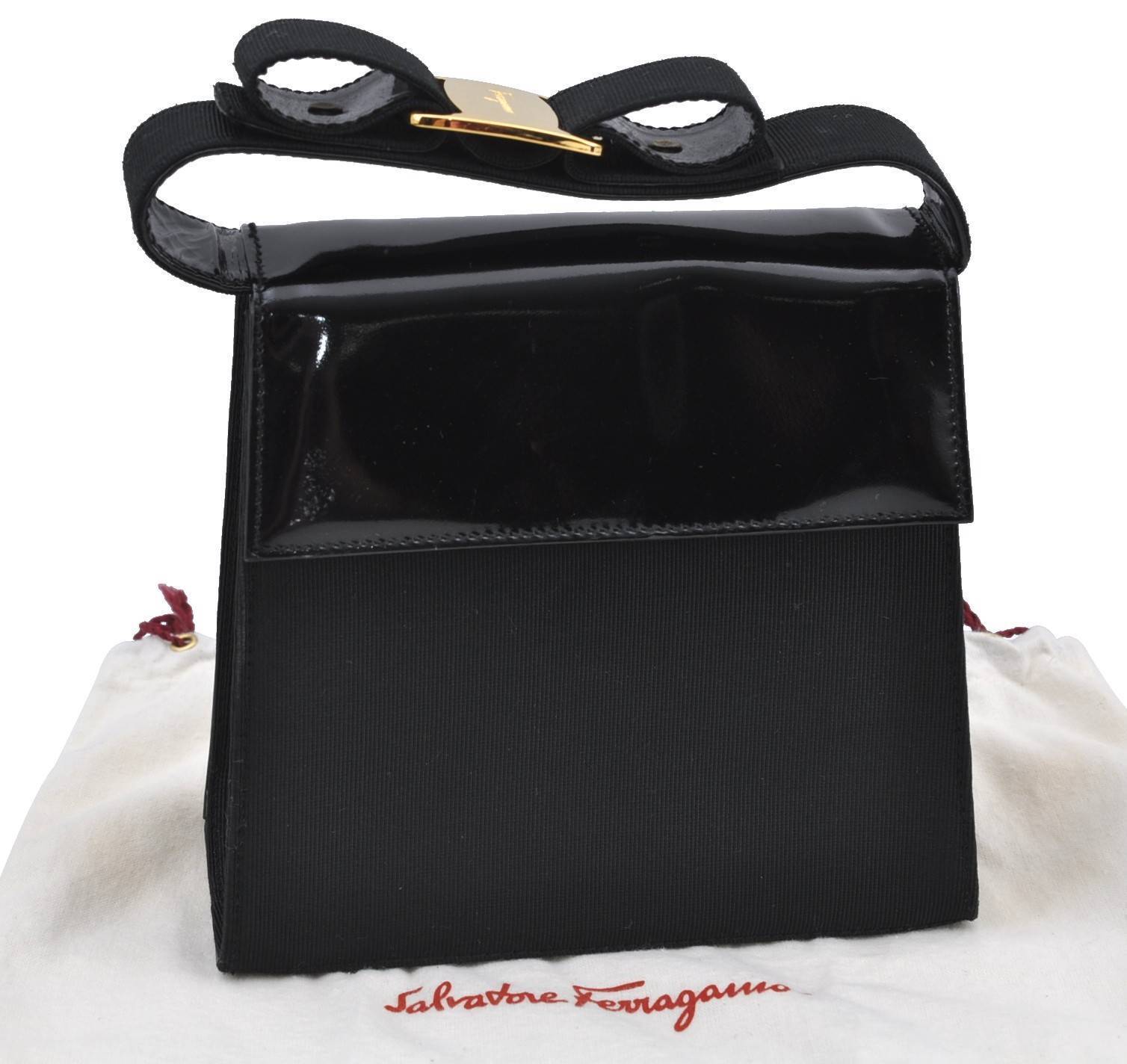 Authentic Salvatore Ferragamo Vara Canvas Enamel Hand Bag Purse Black SF H5272