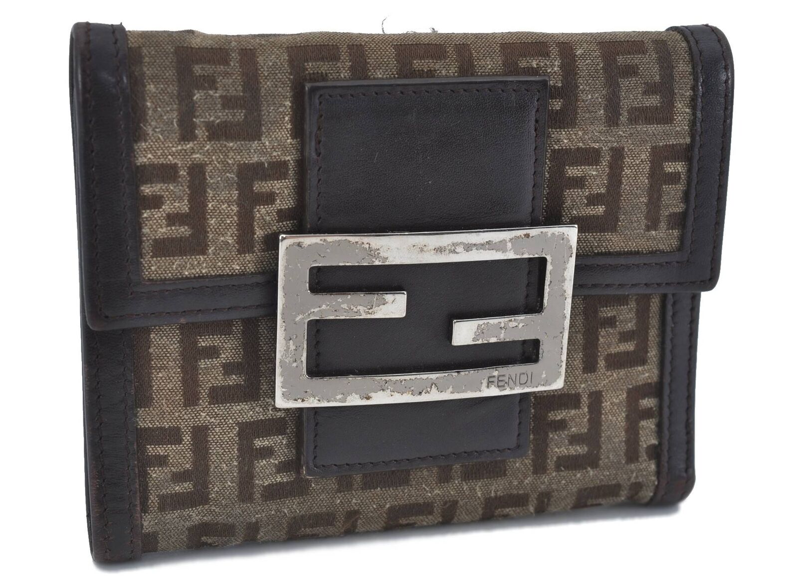 Authentic FENDI Zucchino Bifold Wallet Purse Canvas Leather Brown H5331