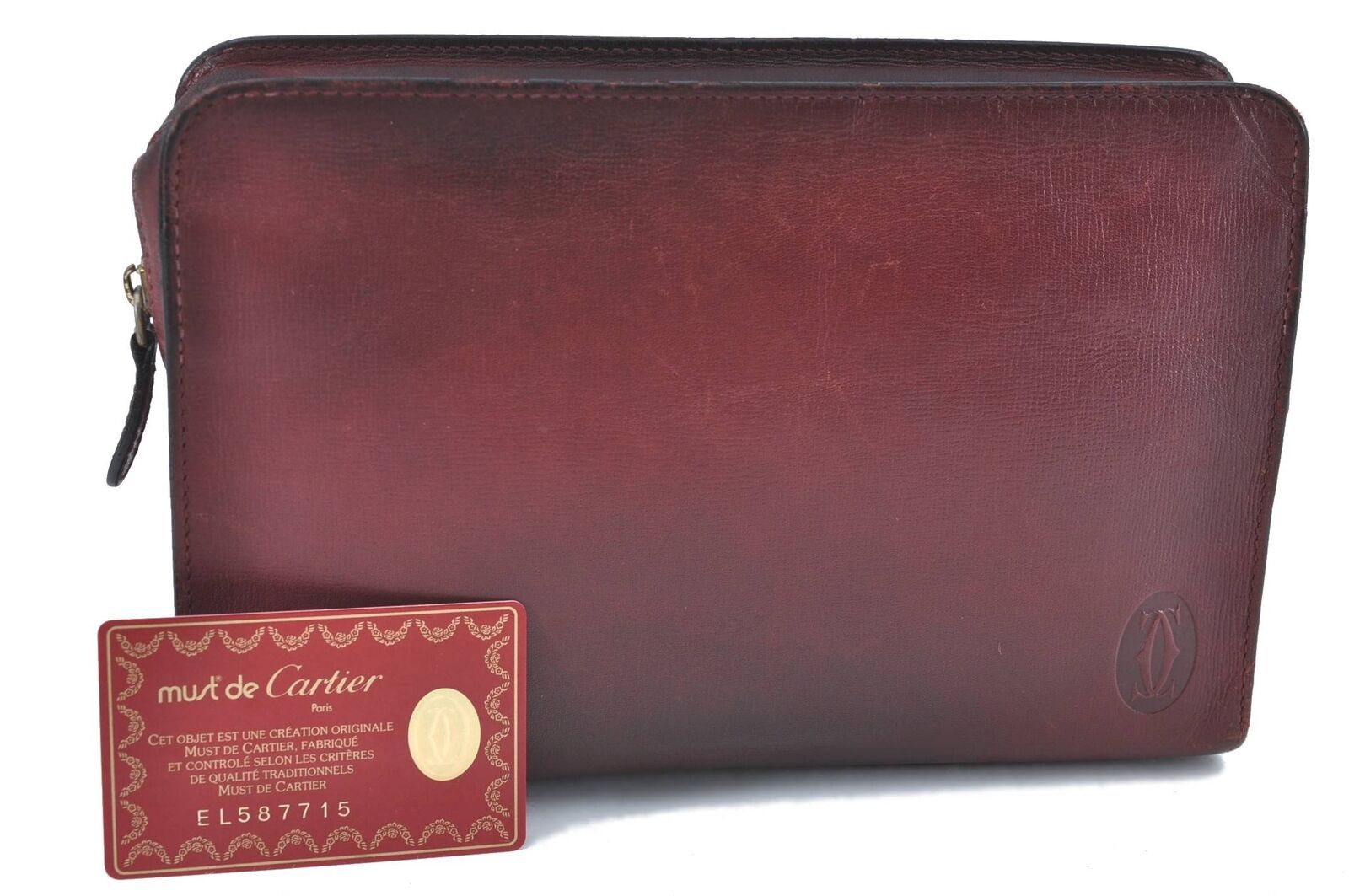 Authentic CARTIER Must de Cartier Clutch Bag Leather Bordeaux Red H5475
