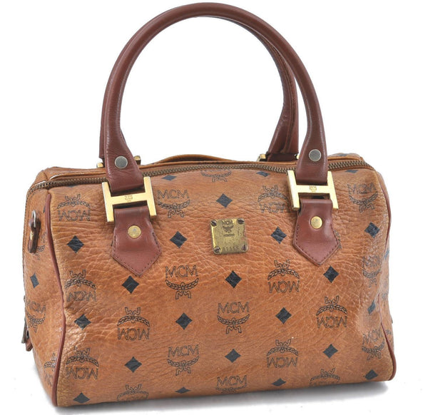Authentic MCM Visetos Leather Vintage Boston Hand Bag Purse Brown H5487