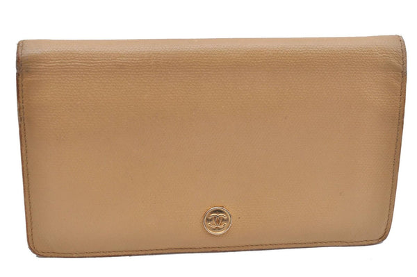 Authentic CHANEL Calf Skin CoCo Button Bifold Long Wallet Beige H5504