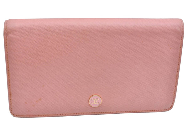 Authentic CHANEL Calf Skin CoCo Button Long Wallet Pink H5511