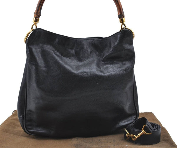 Authentic GUCCI Bamboo Shoulder Bag Leather Black Junk H5556