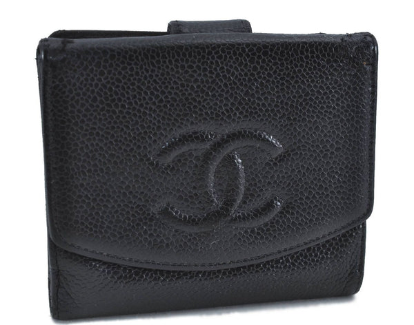 Authentic CHANEL Caviar Skin CC Logo Trifold Wallet Purse Black H5576