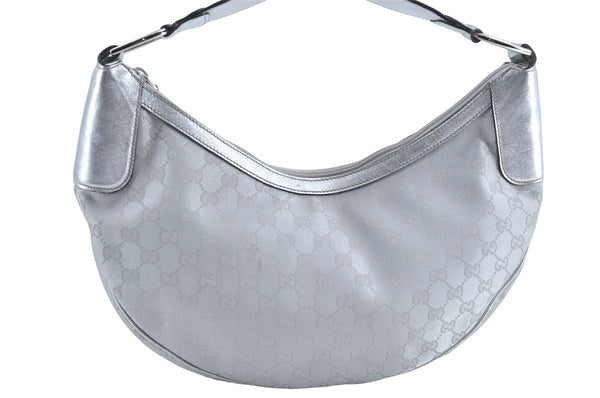 Authentic GUCCI Shoulder Hand Bag Purse GG Canvas Leather 257297 Silver H5603