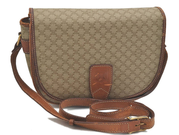 Authentic CELINE Macadam Blason Shoulder Cross Body Bag PVC Leather Beige H5608