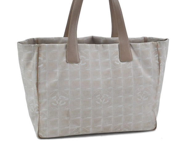 Authentic CHANEL New Travel Line Shoulder Tote Bag Nylon Leather Beige H5630