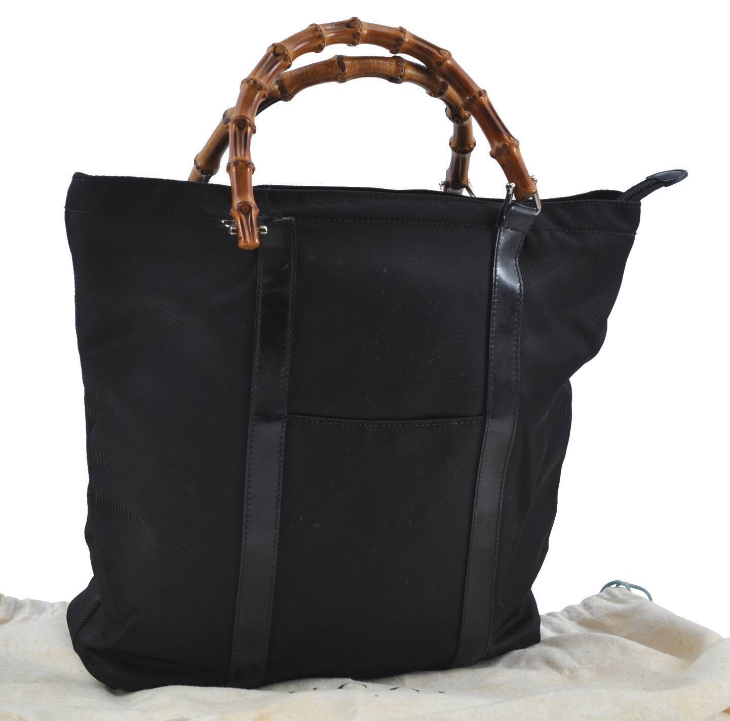 Authentic GUCCI Bamboo Hand Bag Purse Nylon Leather Black H5644