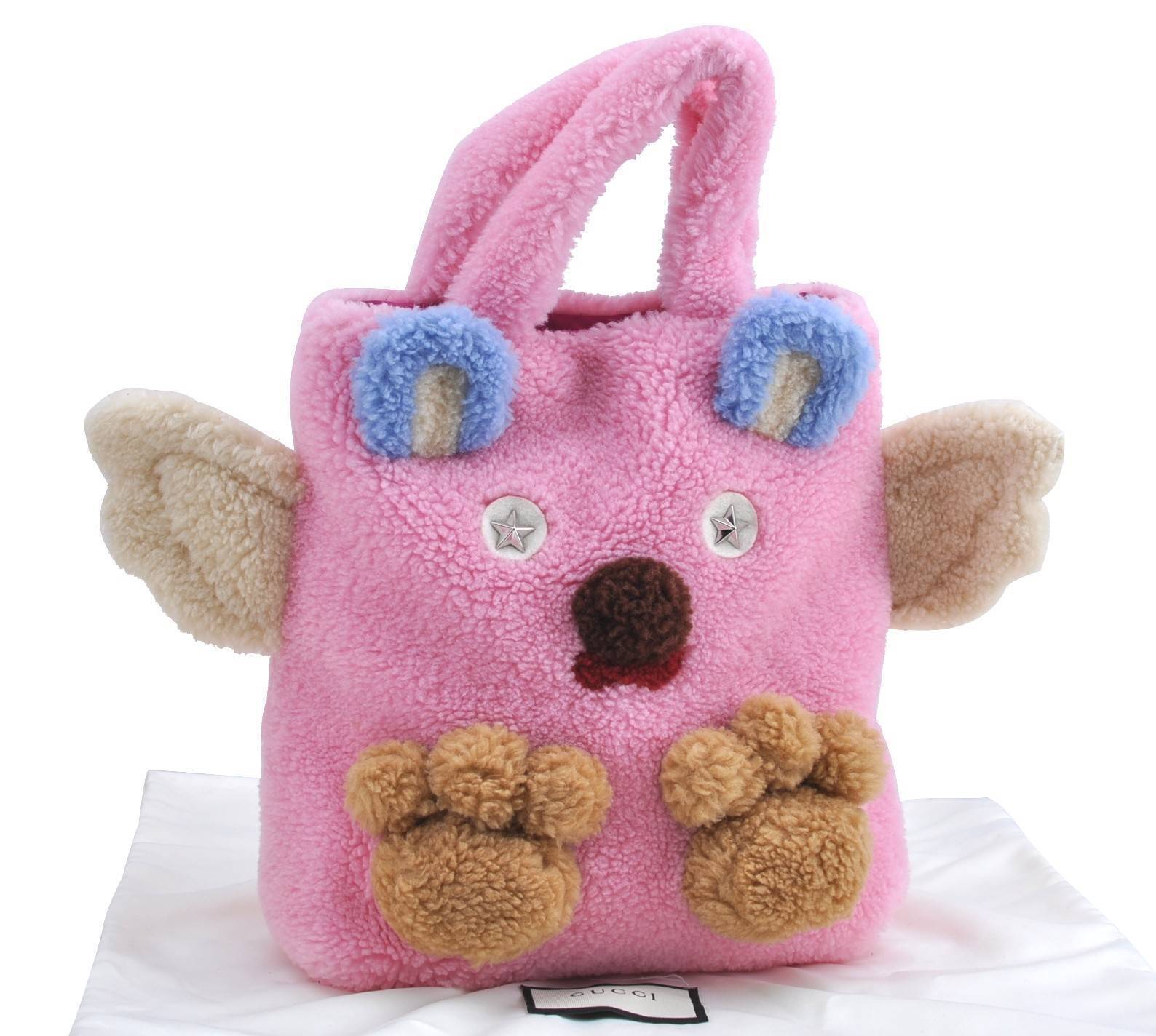 Authentic GUCCI Children's Flying Bear Fur Tote Hand Bag 581007 Pink H5721