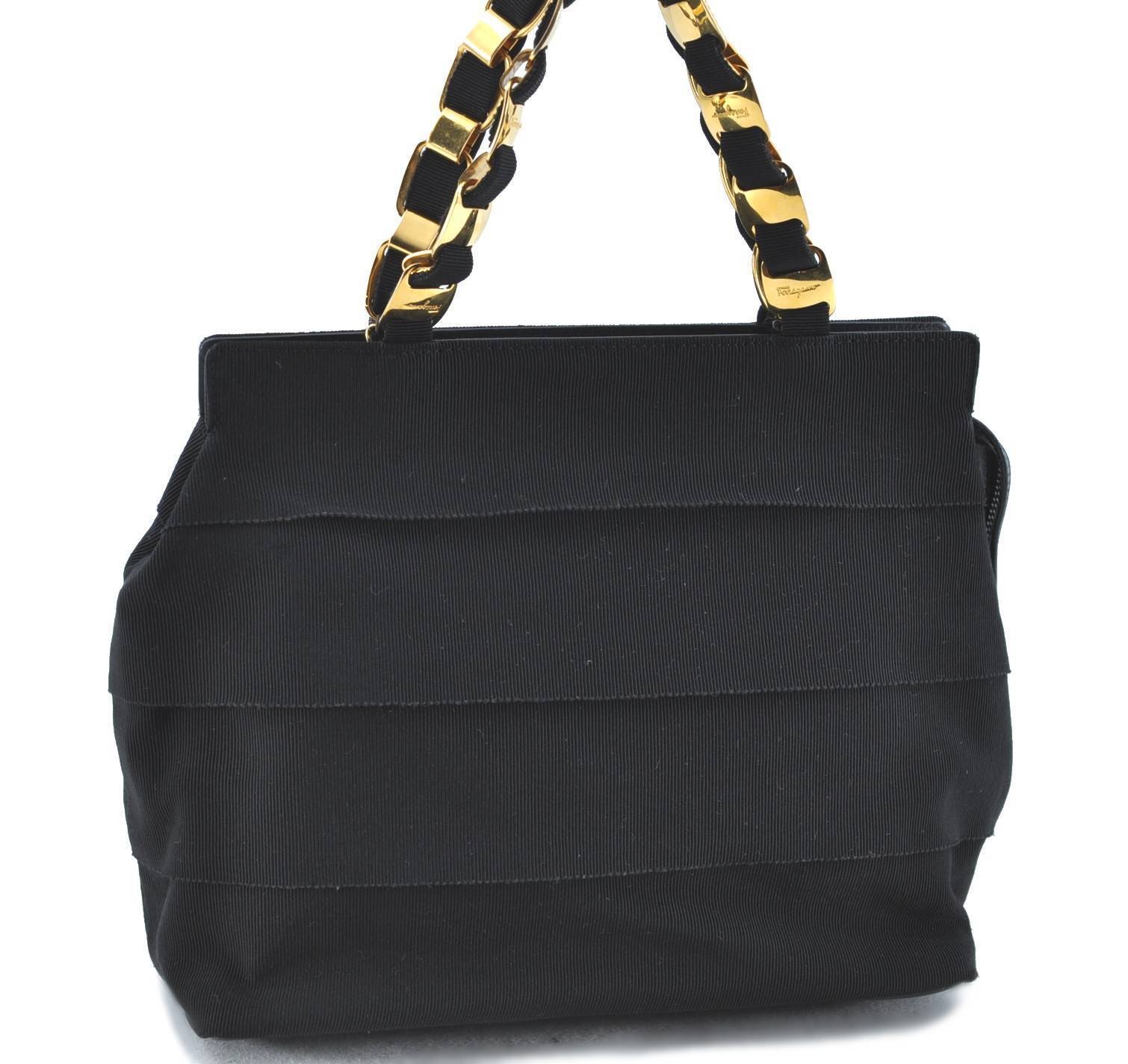 Authentic Ferragamo Canvas Leather Hand Tote Bag Purse Black H5753