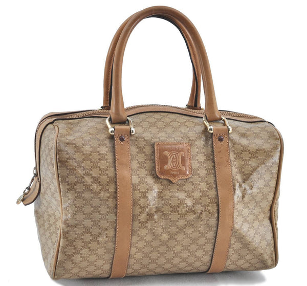 Authentic CELINE Macadam Blason Hand Boston Bag PVC Leather Beige Brown H5801