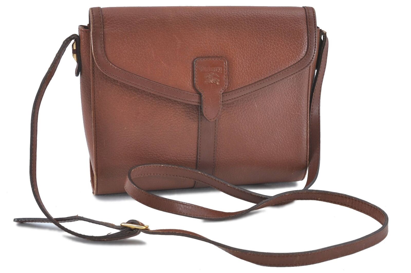 Authentic BURBERRY Vintage Leather Shoulder Cross Body Bag Brown H5832