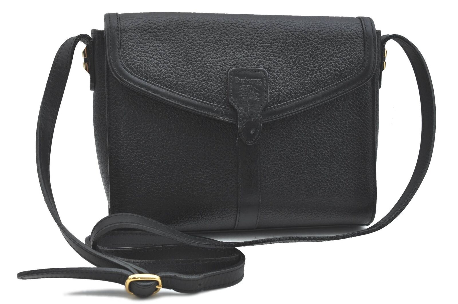 Authentic Burberrys Check Shoulder Cross Body Bag Purse Leather Black H5841